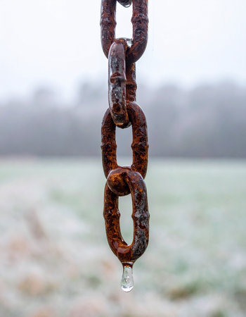 On a quiet, misty winter morning, a heavy, rust-covered chain hangs frozen in the cold air.の素材