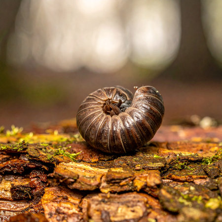 A tiny pill millipede curls into a perfect sphere, a natural defense mechanism on display.の素材