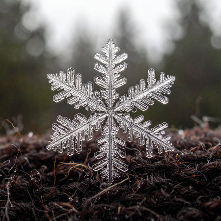 A single, perfect snowflake rests delicately on the dark earth, its intricate crystalline structure captured in stunning macro detail.の素材