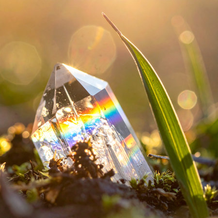 A crystal prism rests on the mossy ground, catching the warm, golden sunlight.の素材