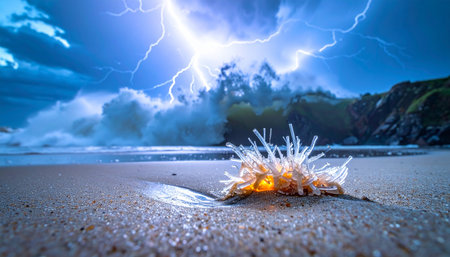 A surreal scene unfolds as a mysterious, bioluminescent sea creature glows on a wet sandy beach.の素材