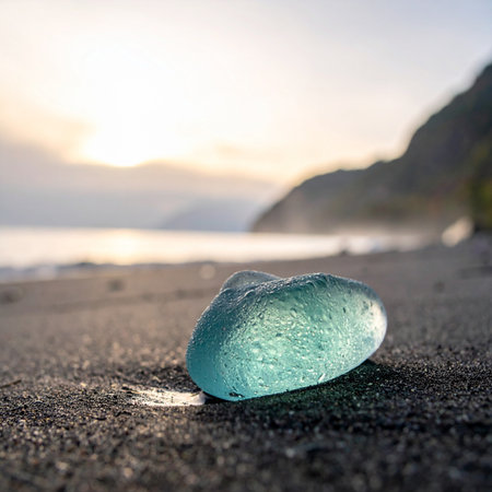 Washed ashore by the gentle tide, a smooth piece of aqua sea glass rests like a forgotten jewel on the dark volcanic sand.の素材
