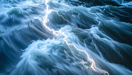 A powerful bolt of lightning strikes the surface of a chaotic and turbulent ocean.の素材