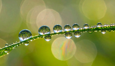 A perfect line of glistening dewdrops clings to a single blade of grass, each tiny sphere acting as a lens to reflect the serene beauty of a new day.の素材