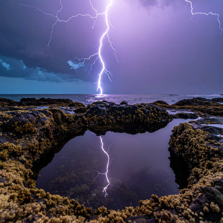 The raw energy of nature is on full display as a powerful thunderstorm unleashes a jagged lightning strike over the sea.の素材