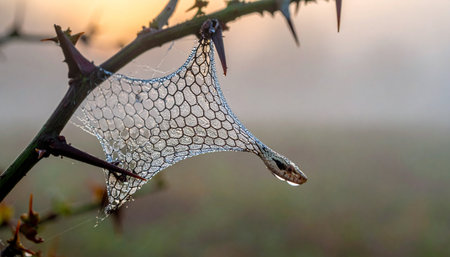 A delicate, shed snake skin, caught on a thorny branch, is transformed into a jewel-like net by glistening morning dew.の素材