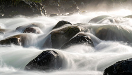 A powerful river cascades over smooth, dark stones, its white water captured in a dynamic, silky blur.の素材