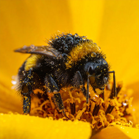 A detailed macro shot captures a diligent bumblebee at work, its fuzzy body adorned with glistening morning dew.の素材