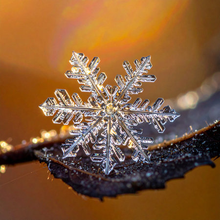 A single, perfectly formed snowflake rests delicately on a frosted branch, its intricate structure captured in stunning macro detail.の素材
