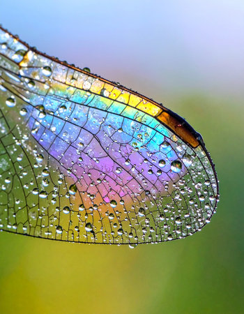 A macro photograph captures the ethereal beauty of a dragonfly's wing after a gentle rain.の素材