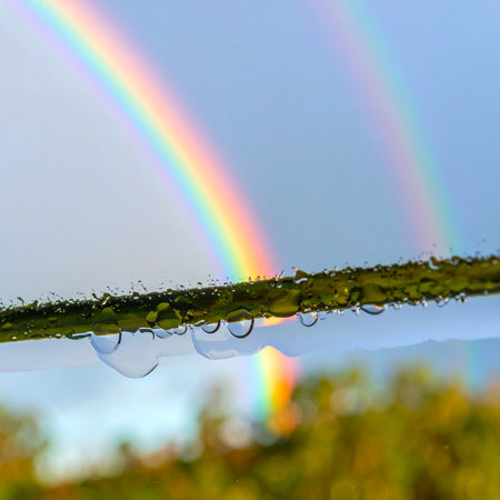 After a cleansing shower, the world feels fresh and new. Tiny, perfect raindrops cling to a delicate plant stem, each one a miniature lens reflecting the sky.の素材