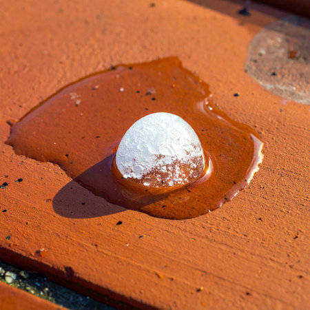 A single, perfectly round hailstone slowly melts under the warm sun, creating a small puddle on a textured terracotta surface.の素材