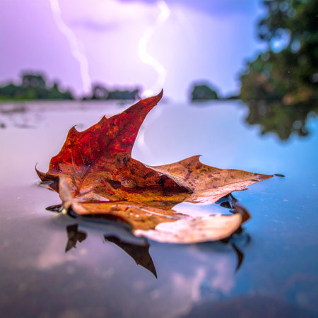 A solitary autumn leaf, a symbol of seasonal change, floats serenely on the water's surface.の素材