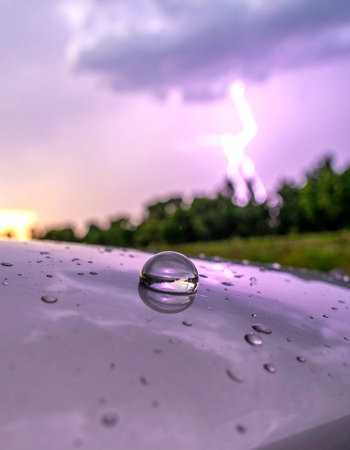 A perfect sphere of water rests on a smooth surface, capturing the world around it.の素材