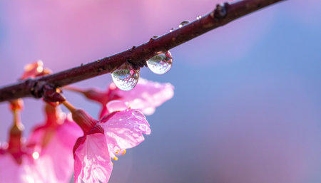 Crystal-clear raindrops cling delicately to a slender branch, reflecting the soft light of a new day.の素材