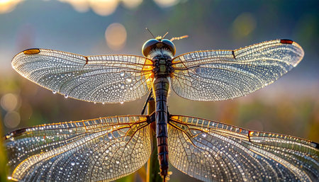 A dragonfly greets the dawn, its intricate wings shimmering with tiny droplets of morning dew.の素材