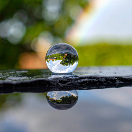 A clear glass sphere rests on a wet, reflective surface, capturing an inverted image of a lush green landscape.の素材