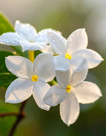 In the quiet hush of dawn, delicate white blossoms awaken, their petals adorned with glistening pearls of morning dew.の素材