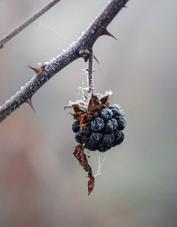 A lone wild blackberry, a remnant of summer's sweetness, is delicately coated in the first frost of winter.の素材