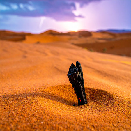 A lone, charred piece of wood stands as a stark relic against the warm, shifting sands of a vast desert.の素材