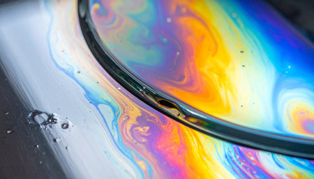 A mesmerizing macro view captures the chaotic yet beautiful dance of colors on a liquid surface.の素材