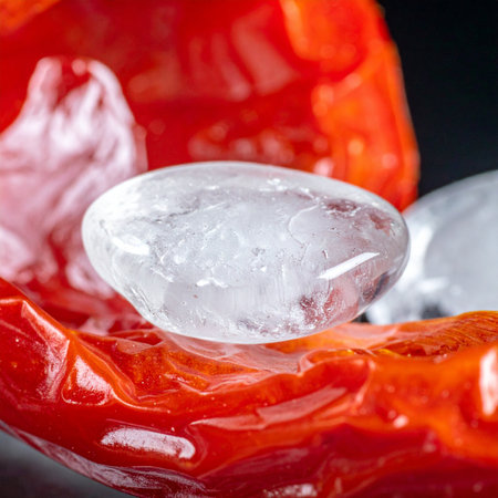 A polished, clear quartz crystal rests upon a vibrant, fiery red surface, creating a powerful visual contrast.の素材