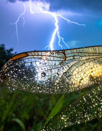 A stunning macro view captures the intricate, dew-kissed wing of a dragonfly, sparkling against a backdrop of raw natural power.の素材