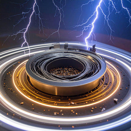 In the heart of a raging electrical storm, a futuristic power core hums with immense energy.の素材