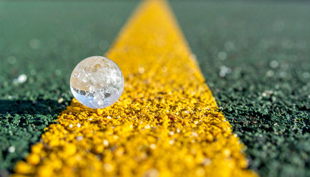 A single, clear crystal marble rests perfectly on a bright yellow line painted on rough asphalt.の素材