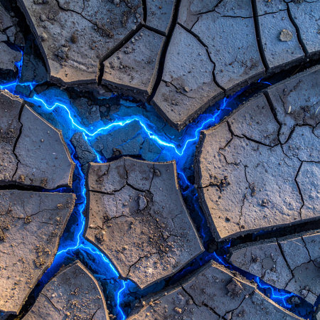 A powerful surge of brilliant blue electric energy erupts from deep within the parched, cracked earth.の素材
