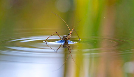 A macro photograph captures the delicate balance of a water strider as it rests effortlessly on the calm surface of a pond.の素材