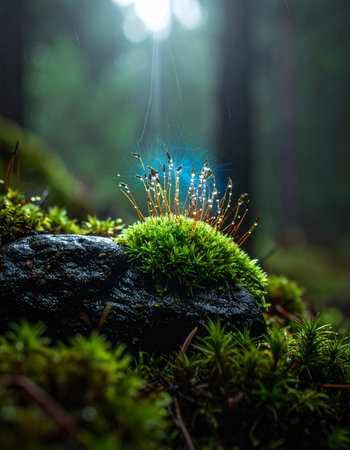 A single ray of sunlight breaks through the dense forest canopy, illuminating a patch of vibrant green moss.の素材