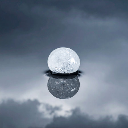 A mysterious, textured orb rests perfectly on a still, reflective surface, mirroring a dramatic, overcast sky.の素材