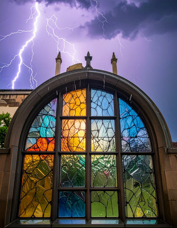 The heavens unleash their fury as a jagged lightning strike tears through the dark, moody sky.の素材