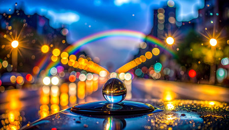In the heart of a bustling city after a fresh rain, a crystal ball captures a surreal vision.の素材