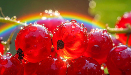 After a gentle summer rain, a cluster of ripe redcurrants glistens in the morning light.の素材