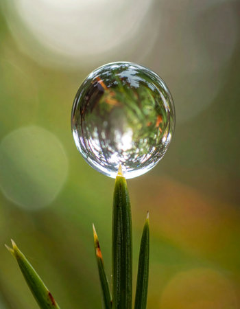 A single, perfect sphere of morning dew clings precariously to the tip of a pine needle.の素材