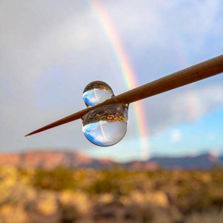 A perfect water droplet clings precariously to a sharp thorn, capturing and inverting a vast desert landscape within its tiny sphere.の素材