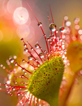 A stunning macro photograph captures the otherworldly beauty of a Drosera, or sundew plant.の素材