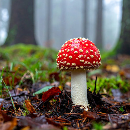A single, vibrant red fly agaric mushroom, dotted with its iconic white spots, emerges from the damp earth of a misty woodland floor.の素材