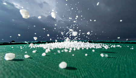 A dramatic, low-angle perspective captures the intense moment hailstones bombard a green court.の素材