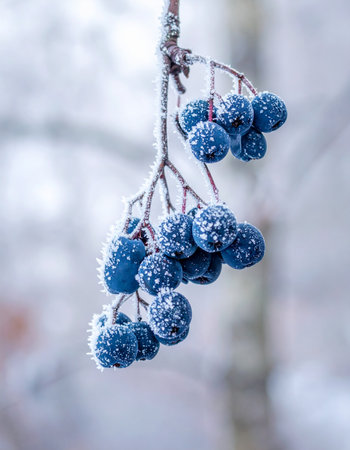 A cluster of wild blue berries hangs delicately from a bare branch, each one encased in a crystalline layer of the season's first frost.の素材