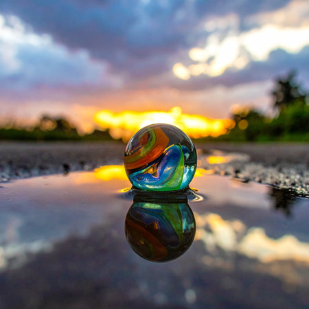 A single, colorful glass marble rests in a shallow puddle, capturing and reflecting the entire world of a dramatic golden sunset.の素材