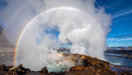 A spectacular rainbow forms within a massive plume of geothermal steam rising from a volcanic vent in Iceland.の素材