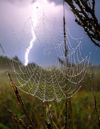 In a moment of dramatic contrast, a delicate spiderweb, jeweled with fresh raindrops, stands resilient against the immense power of a lightning strike.の素材