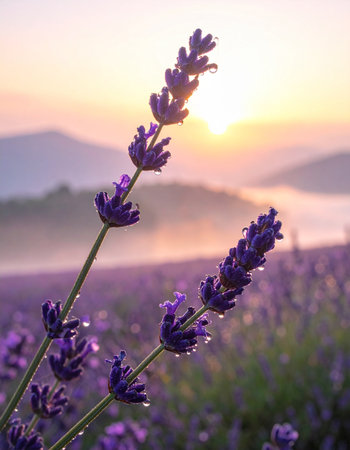 As the golden sun rises over misty mountains, it casts a warm glow across a vast lavender field.の素材