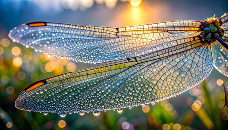 In the soft glow of a new day, the intricate, transparent wings of a dragonfly are adorned with a constellation of sparkling dew drops.の素材