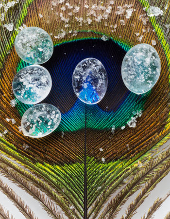 A collection of clear, polished healing crystals rests upon the iridescent eye of a peacock feather.の素材