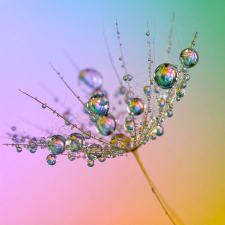Tiny jewels of dew cling to a delicate dandelion seed, each droplet capturing and refracting a world of soft, pastel colors.の素材