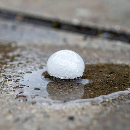 A single, large hailstone rests in a puddle on the pavement, a solitary remnant of a powerful hailstorm.の素材